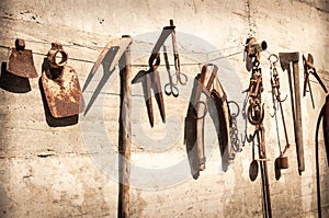Old rustic decorative agricultural tools