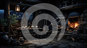 An old rustic kitchen setting with a wood oven