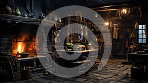 An old rustic kitchen setting with a wood oven