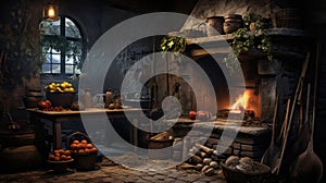An old rustic kitchen setting with a wood oven