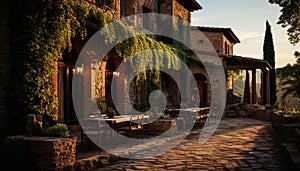 Old rustic table and chair under lantern in tranquil courtyard generated by AI