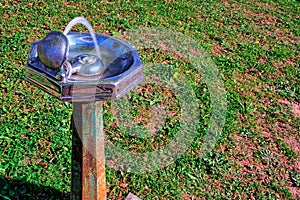 Old, rustic, water fountain with a grassy background