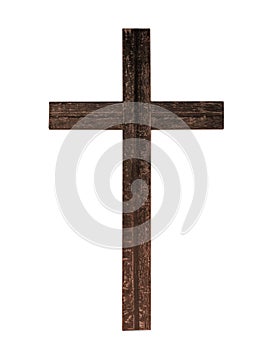 Old rustic wooden cross isolated on white background. Christian faith.