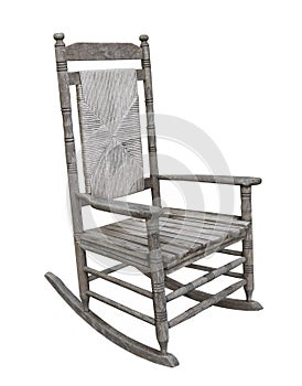 Old rustic wooden rocking chair isolated.