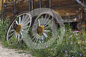 Old Rustic Wooden Wagon Wheels In Fairplay, Colorado