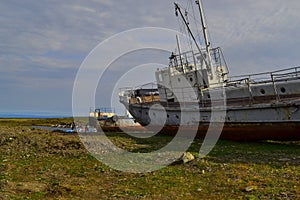 Old rusty abandoned boats, white ships lie on green grassy shore in the light of setting sun. Lake Baikal,