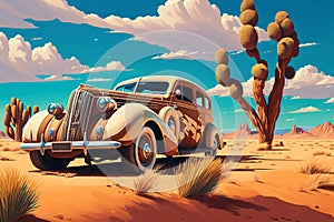 Old rusty abandoned car in the middle of the desert, Humanly enhanced AI Generated