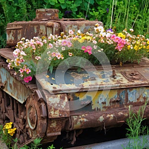 Old rusty abandoned crashed transport standing in summer meadow with wildflowers, Metal garbage car on field, war and