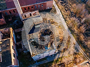 Old rusty abandoned rectification column, aerial view