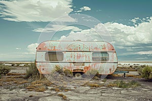Old abandoned trailer is rusting away in the desert