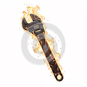 Old rusty adjustable wrench engulfed in bright vertical flames, symbolizing hard work