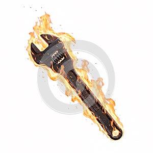 Old rusty adjustable wrench engulfed in bright vertical flames, symbolizing hard work