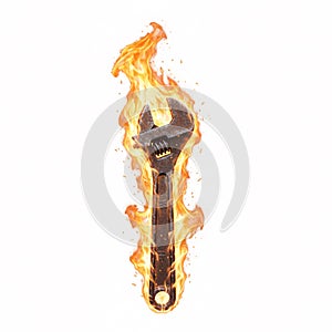 Old rusty adjustable wrench engulfed in bright vertical flames, symbolizing hard work