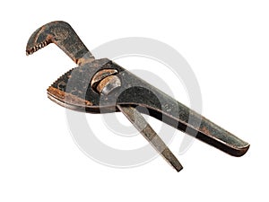 Old rusty adjustable wrench isolated on white