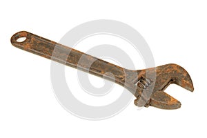 Old Rusty Adjustable Wrench (Spanner) Isolated on White Background