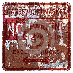 Old rusty American road sign - No parking with restrictions and localized, New York City photo