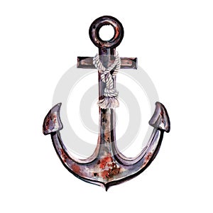 Old rusty anchor of marine ship vessel with rope. Marine themes.