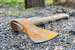 An old and rusty ax thrown somewhere in the forest and forgotten lies on the ground