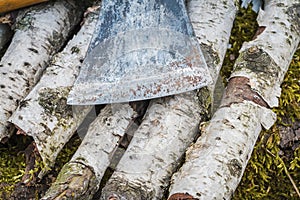 Old rusty axe on the textured wooded background