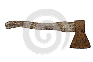 Old rusty axe on white background