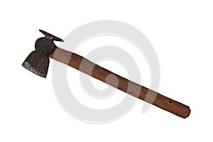 Old rusty axe on white background