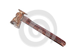 Old rusty axe with wooden handle isolated on white background. Old ax