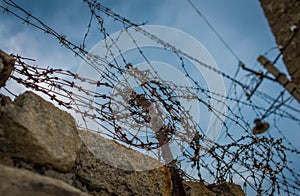 Old rusty barbed wire on the dark sky background.