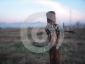 Old Rusty Barbed wire pole in a grass field