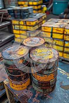 Old rusty barrels and drums in factory