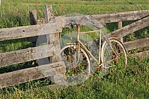 Old rusty bicycle against a fence in Holland