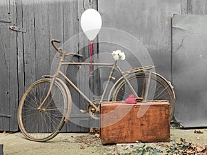 Old rusty bicycle decorated, intimate pictures for greetings card