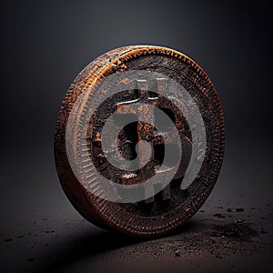 Old rusty bitcoin crypto metal coin on dark background