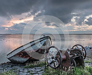 Old rusty boat during sunset, Ijselmeer Holland