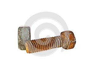 Old rusty bolt and screw-nut isolated on white background