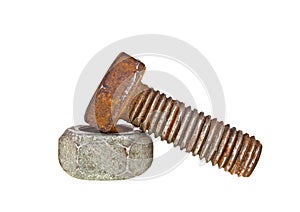 Old rusty bolt and screw-nut isolated on white background