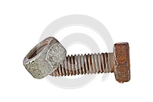 Old rusty bolt and screw-nut isolated on white background