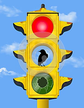 An old rusty broken traffic light inhabited by a bird is seen