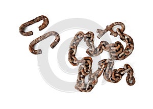 Old rusty c-shaped scrapers and chain on white background