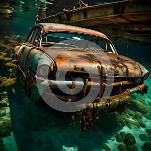 Old rusty car abandoned underwater - ai generated image