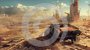 Old rusty car in desert at post apocalypses, view of vintage vehicle and futuristic buildings like fantasy movie. Concept of