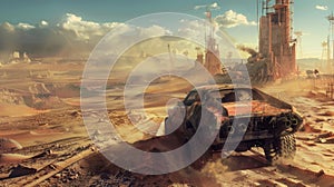 Old rusty car in desert at post apocalypses, view of vintage vehicle and futuristic buildings like fantasy movie. Concept of photo