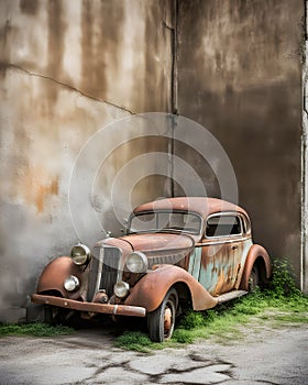 An old rusty car from the fifties by a shabby wall