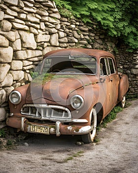 Old rusty car from the fifties by the stone wall