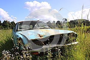 An old, rusty car in a nature strip