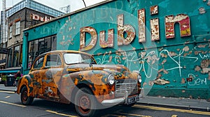 Old rusty car near traditional Irish pub on Baggot Street, Dublin city centre