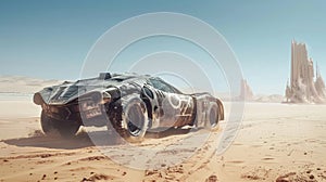 Old rusty car at post apocalypses, view of vintage vehicle in desert like fantasy movie. Concept of dystopia, race, sport, photo