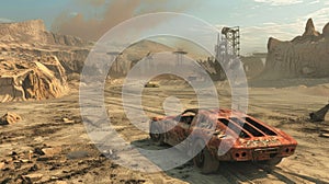 Old rusty car at post apocalypses, view of vintage vehicle and rocks in desert like fantasy movie. Concept of dystopia, race,