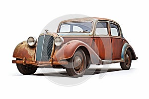 Old rusty car is sitting on white surface. Generative AI