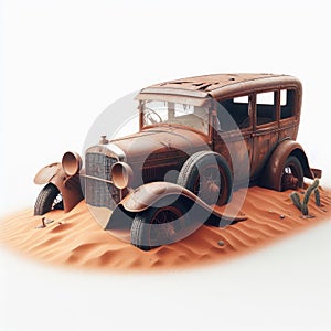 An old, rusty car stuck in the sand.