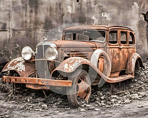 An old rusty car from the thirties by the gray wall